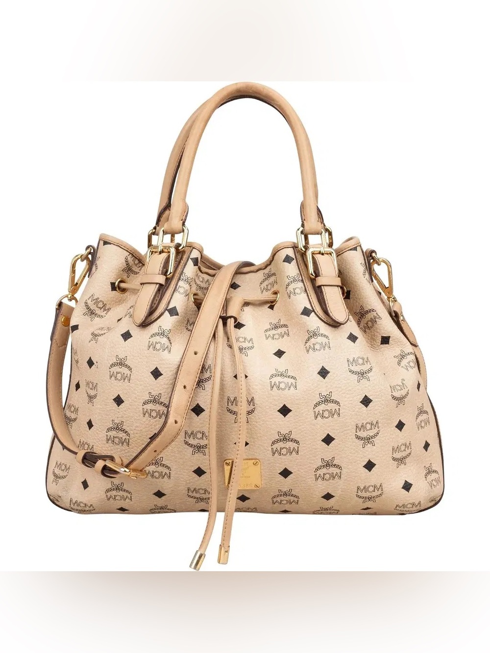 MCM Visetos Medium Drawstring Shopper Beige Leather Certified Authentic